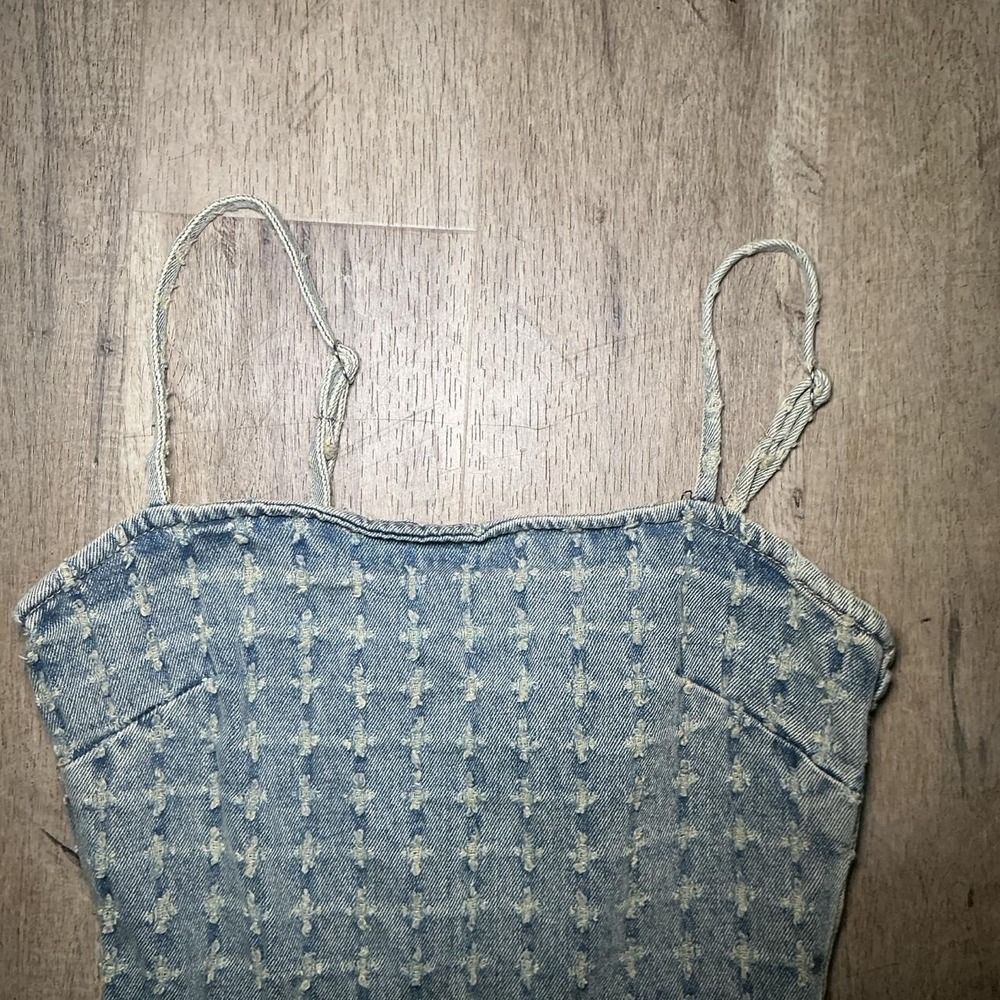 Forever 21 Blue Denim Grid Texture Strapless Mini Dress Y2K Going Out Size XS - Picture 3 of 6